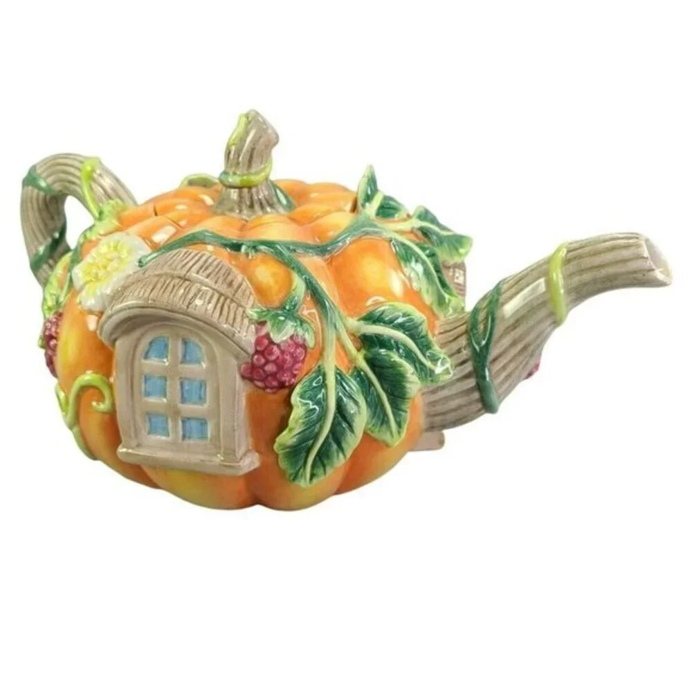 Fitz‎ and Floyd Teapot Its Harvest Time Embossed Handpainted Pumpkin House READ